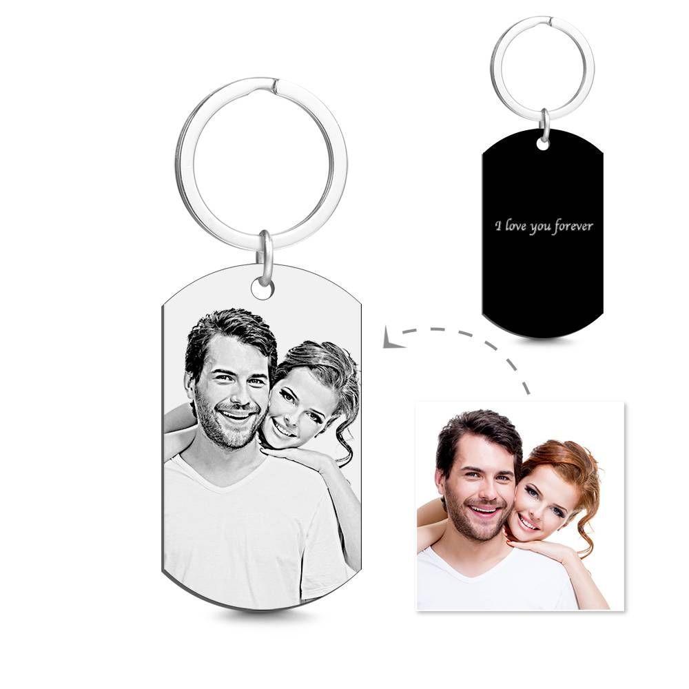 Sonderangebot-Foto Gravierte Tag-Schlüsselanhänger mit Gravur Schwarz für Paare；Geben Sie hier Wörter ein