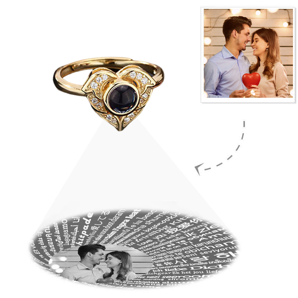 Benutzerdefinierte Ich Liebe Dich In 100 Sprachen Projektionsfoto Verstellbarer Ring Engelsflügel Herz Valentinstagsgeschenk Für Sie - soufeelde