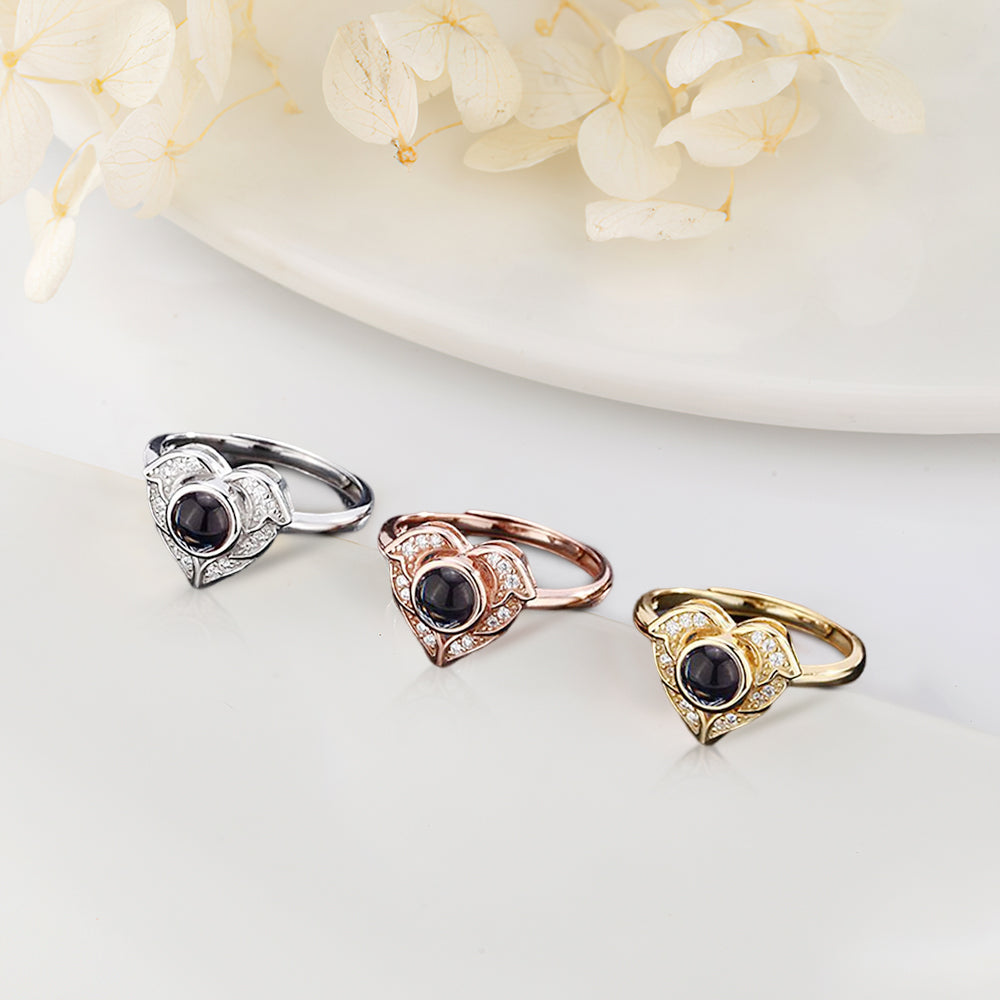 Benutzerdefinierte Ich Liebe Dich In 100 Sprachen Projektionsfoto Verstellbarer Ring Engelsflügel Herz Valentinstagsgeschenk Für Sie - soufeelde