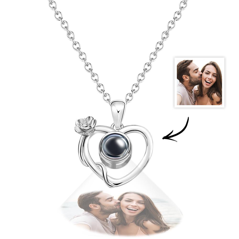 Personalisierte Blumen-fotoprojektions-halskette, Zarter Herzförmiger Schmuck, Geschenk Für Sie - soufeede