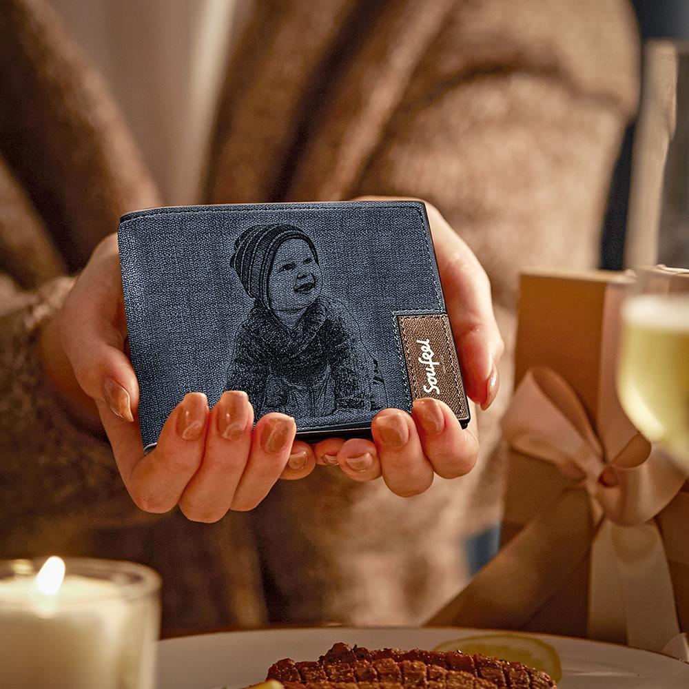 Herren Brieftasche Mit Zweifacher Beschriftung Und Fotogravur - Blaues Leder