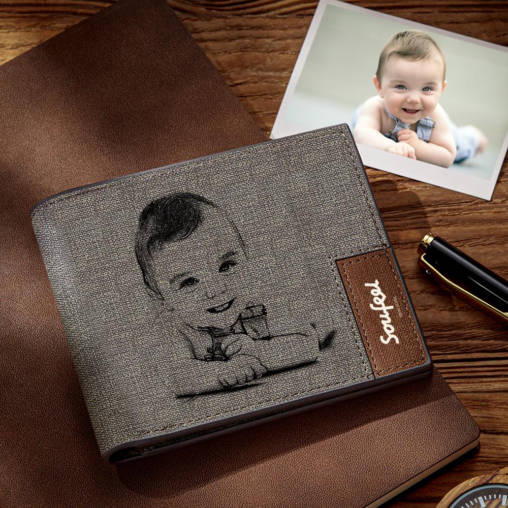 Herren Brieftasche Mit Zweifacher Beschriftung Und Fotogravur - Graues Ledergeschenk Für Männer