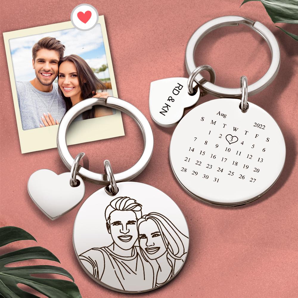 Custom Line Art Photo Gravierter Schlüsselanhänger Date Save Schlüsselanhänger Bedeutende Datumsmarkierung Kundenspezifische Jahrestagsgeschenke - soufeelde