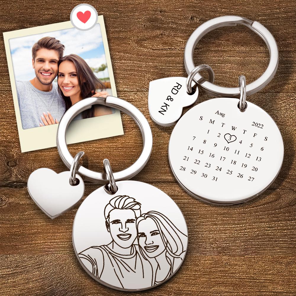 Custom Line Art Photo Gravierter Schlüsselanhänger Date Save Schlüsselanhänger Bedeutende Datumsmarkierung Kundenspezifische Jahrestagsgeschenke - soufeelde