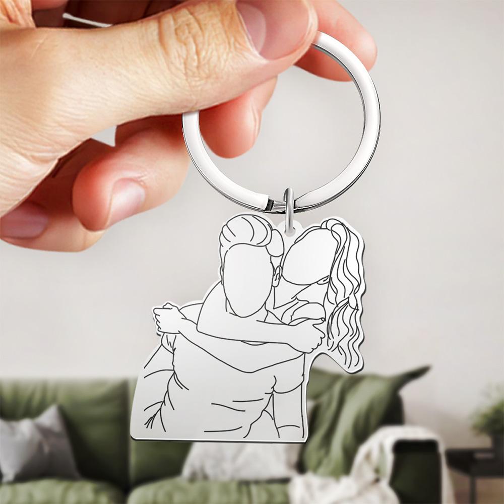 Benutzerdefinierte Handzeichnung Graviert Schlüsselanhänger Edelstahl Memorial Geschenke Line Art Geschenk Für Ihn - soufeelde
