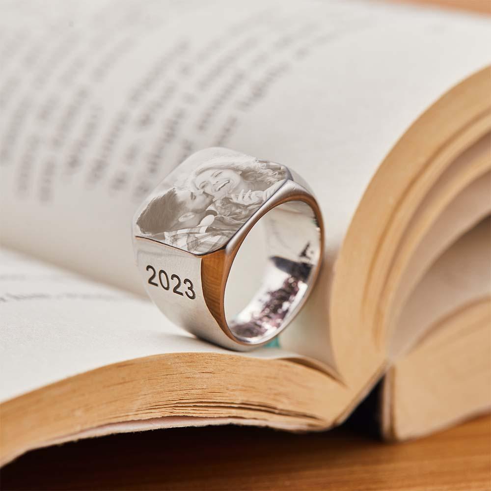 Personalisierter Quadratischer Ring Mit Foto, Individuell Gravierter Ring, Geschenk Für Männer - soufeede