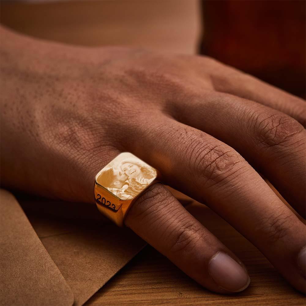 Personalisierter Quadratischer Ring Mit Foto, Individuell Gravierter Ring, Geschenk Für Männer - soufeede