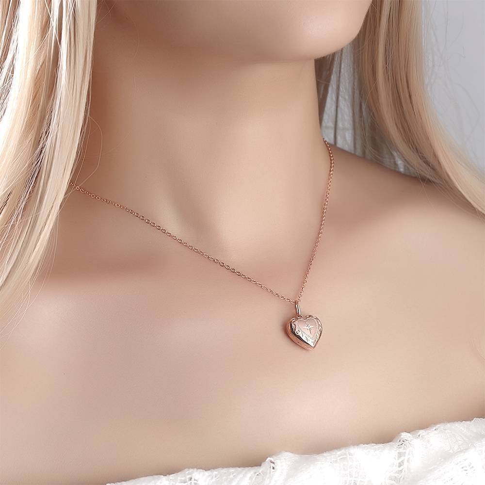 Prägedruck Herz Foto Medaillon Halskette Anhänger Rose Gold überzogen