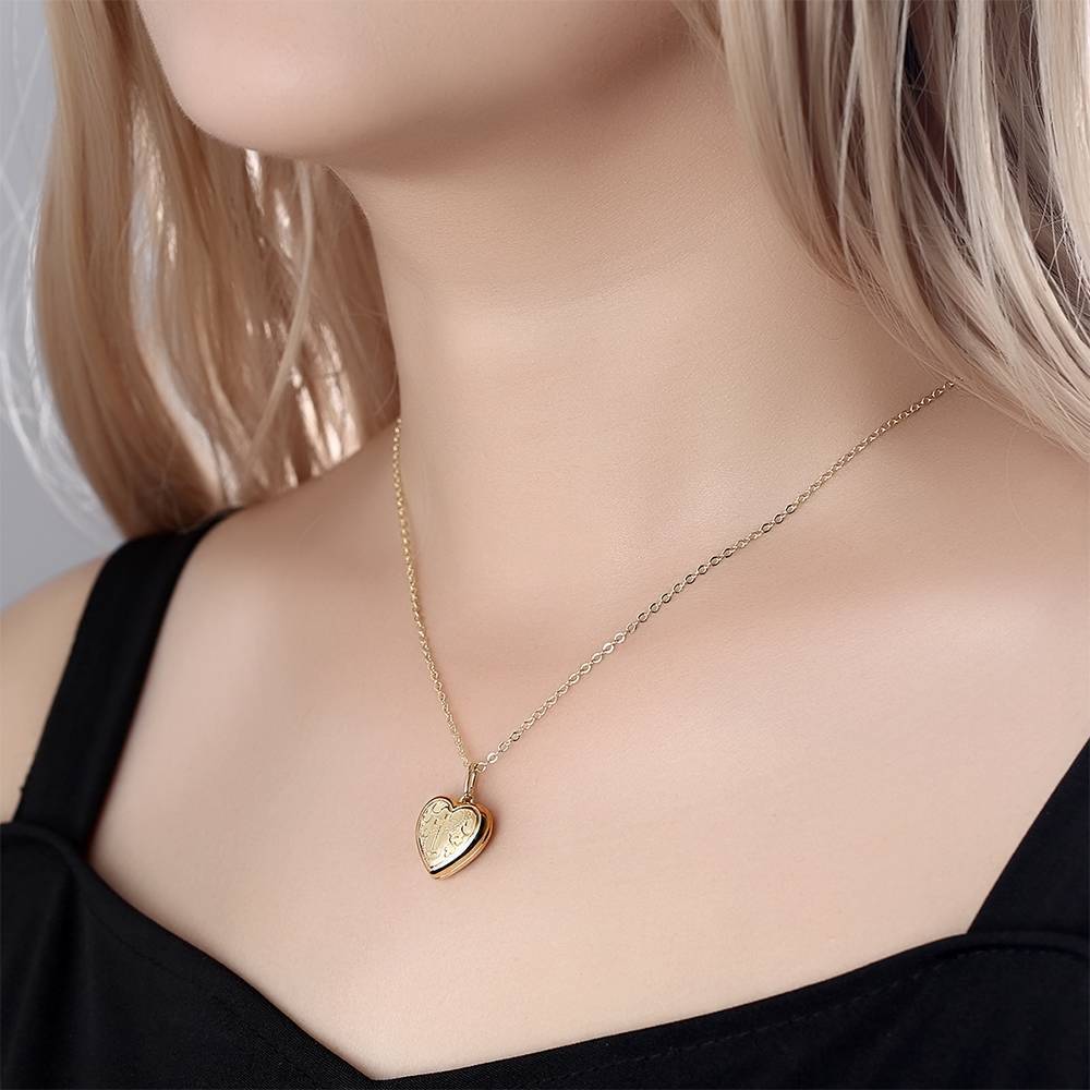 Kreuz Druck Herz Foto Medaillon Halskette mit Gravur 14k Gold überzogene
