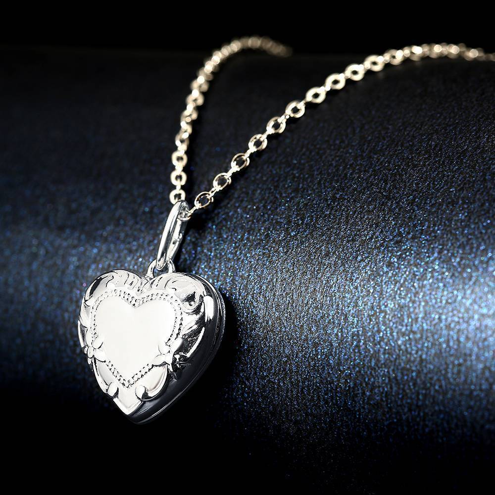 Geprägt Herz Foto Medaillon Halskette mit Gravur Platin überzogen