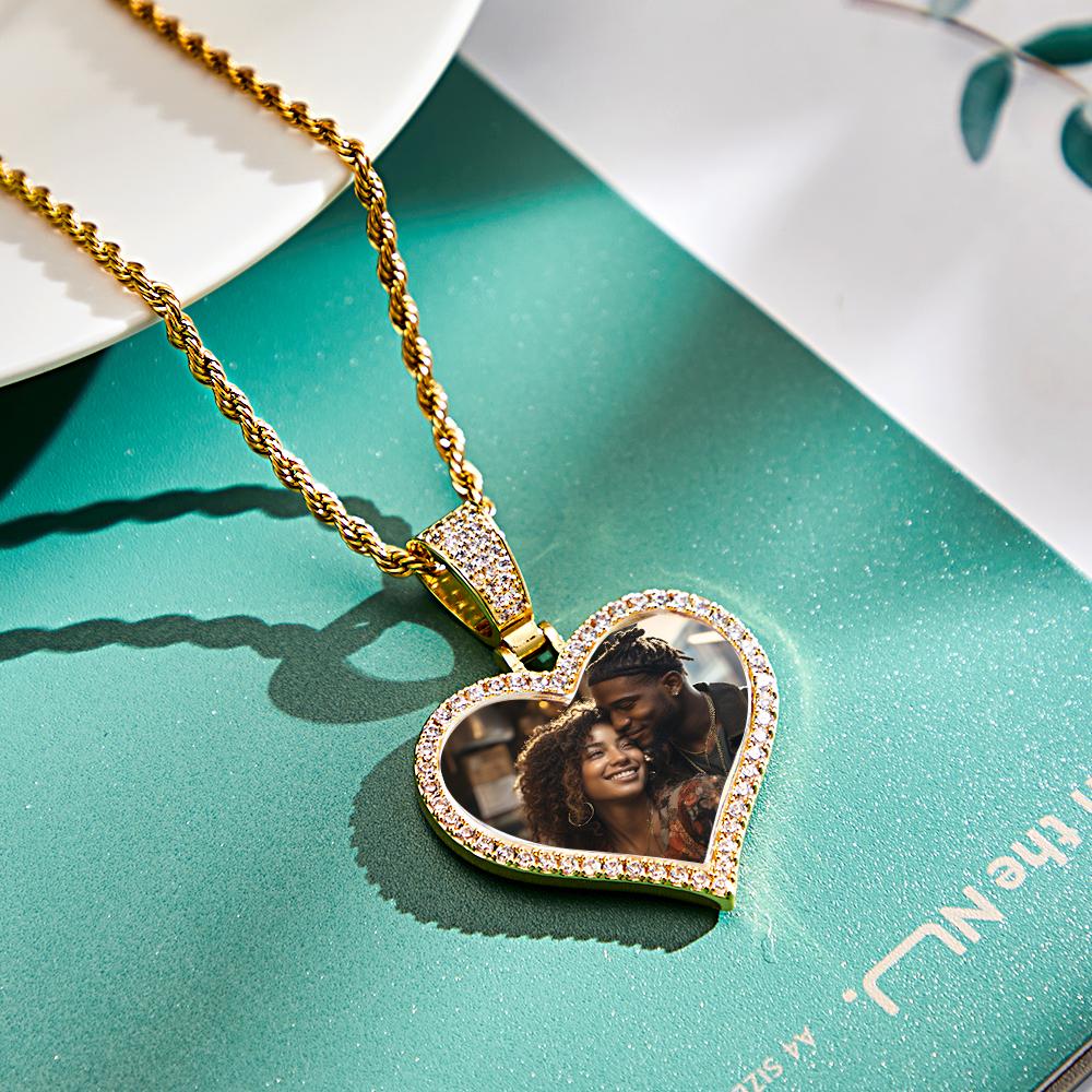 Maßgeschneiderte Foto-herz-halskette Mit Hip-hop-anhänger, Runde Halskette, Vereister Zirkonia-schmuck, Geschenk Für Sie Oder Ihn - soufeede