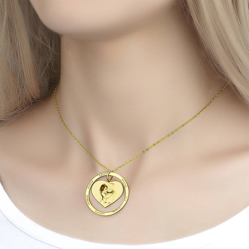 Foto Gravierte Halskette Herz In Runden Anhänger, Familie Halskette 14K vergoldet - Golden