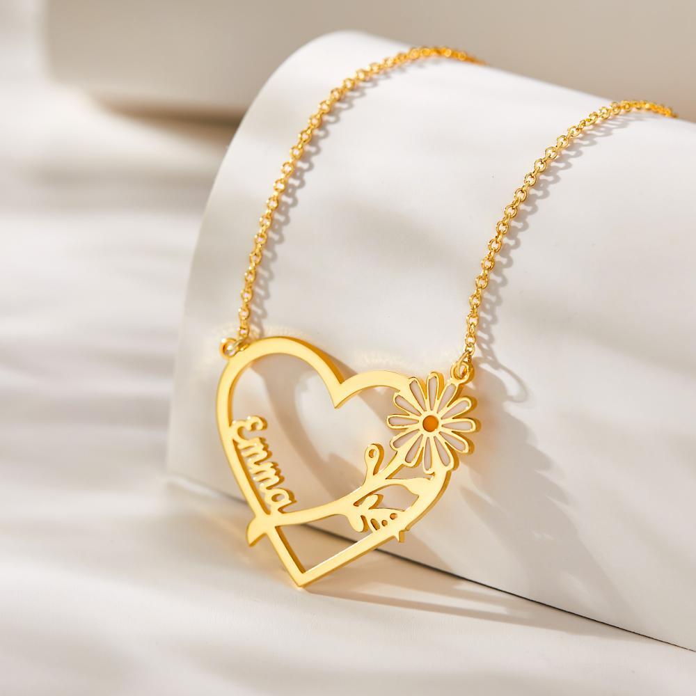 Benutzerdefinierte Gravierte Halskette Gänseblümchen Herzförmige Namenskette Geschenk Für Sie - soufeelde