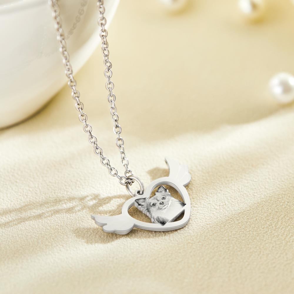 Benutzerdefinierte Foto Gravierte Halskette Engel Herzförmige Flügel Halskette Geschenk Für Tierliebhaber - soufeelde