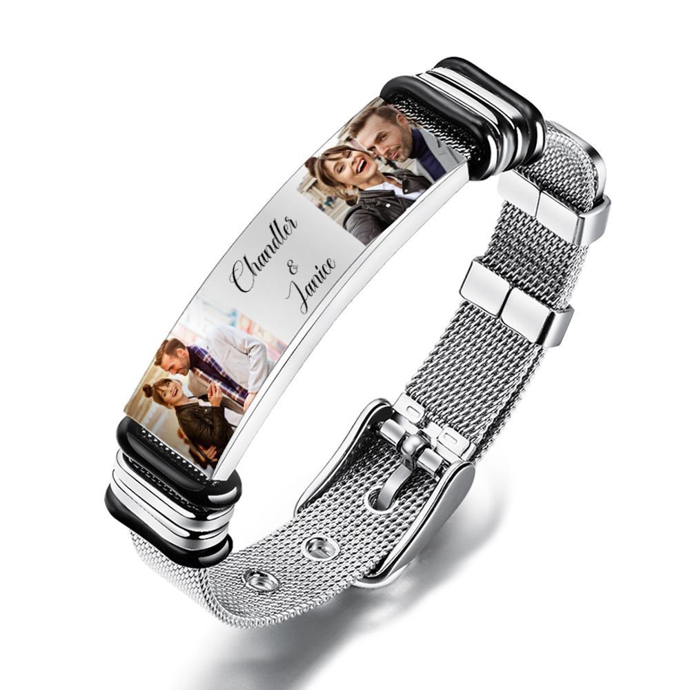 Kundenspezifisches Herrenarmband Aus Edelstahl Mit Zwei Fotos Und Eingravierten Wörtern. Beste Geschenke Für Verliebte Am Valentinstag - soufeelde