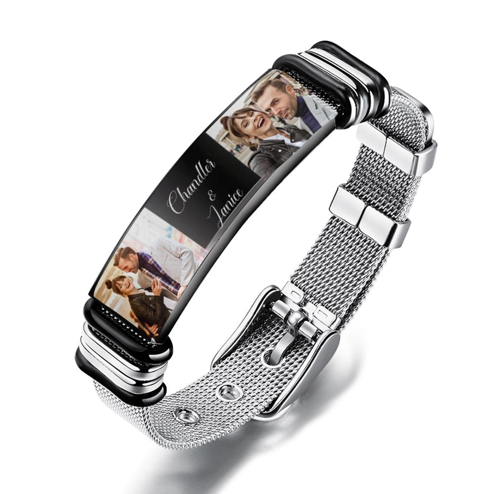 Kundenspezifisches Herrenarmband Aus Edelstahl Mit Zwei Fotos Und Eingravierten Wörtern. Beste Geschenke Für Verliebte Am Valentinstag