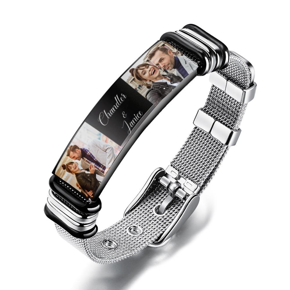 Kundenspezifisches Herrenarmband Aus Edelstahl Mit Zwei Fotos Und Eingravierten Wörtern. Beste Geschenke Für Verliebte Am Valentinstag - soufeelde