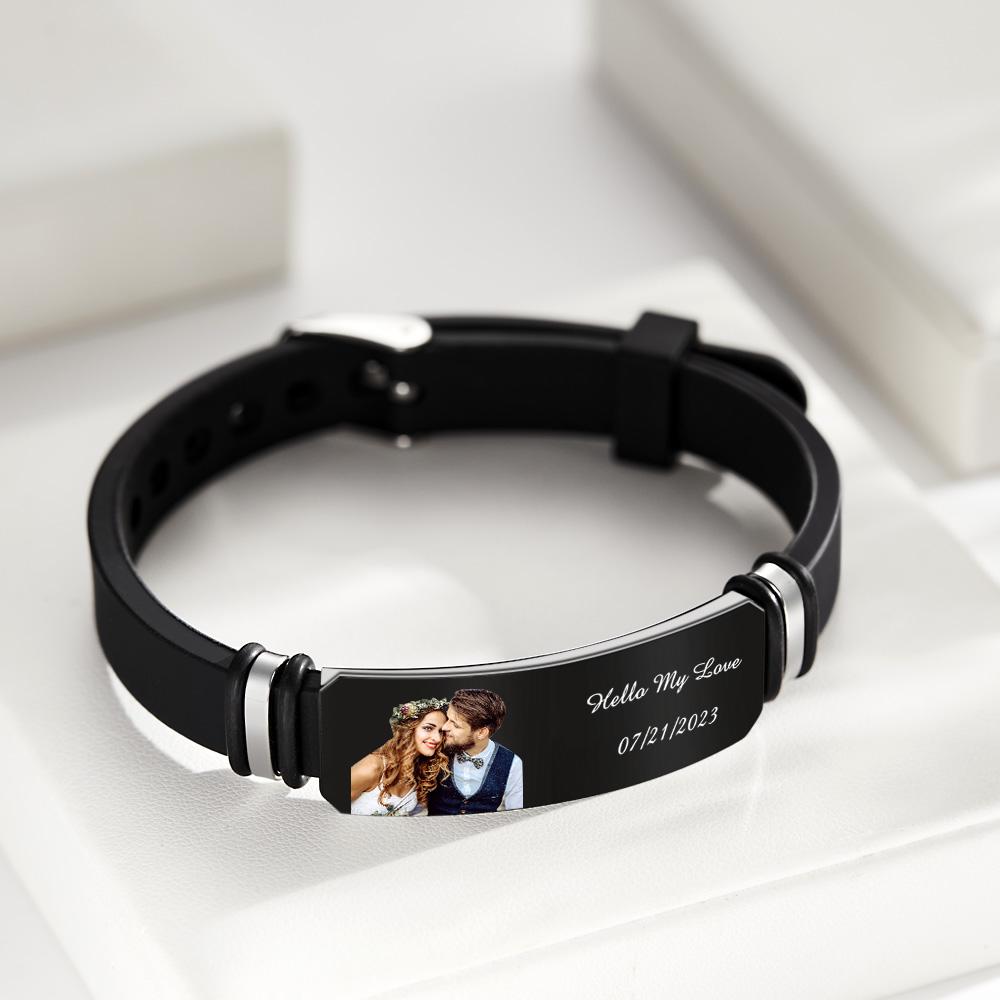 Benutzerdefiniertes Herrenarmband Mit Fotogravur, Hochzeitsgeschenk Zum Jahrestag, Frisch Verheiratetes Paar, Personalisiertes Armband, Schwarzer Filter Und Farbdruck-stil