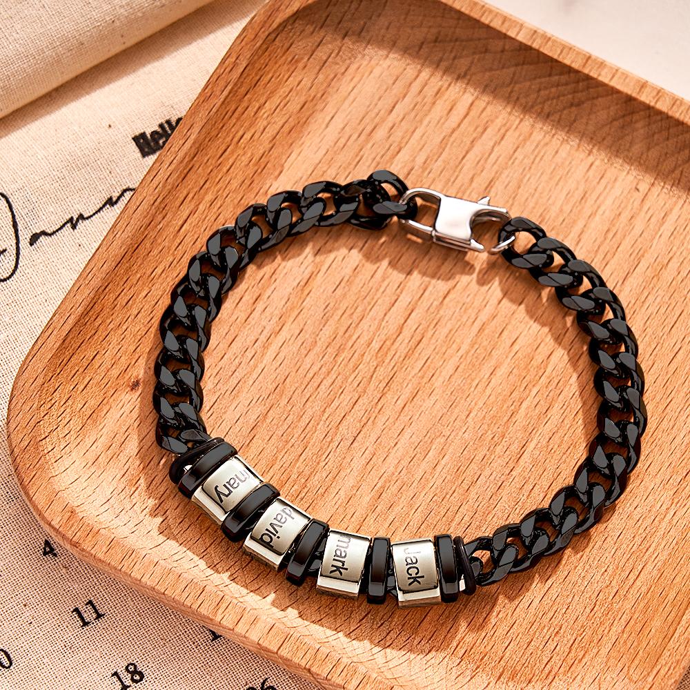 Personalisiertes Kubanisches Gliederarmband Mit 1–6 Namen Und Perlen Für Herren, Edelstahl, Individueller Schmuck Mit Lasergravur