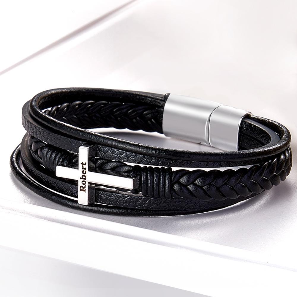 Klassischer Stil Kreuz Herren Armband Multi Layer Edelstahl Leder Armreifen Für Freund Modeschmuck Geschenke - soufeede