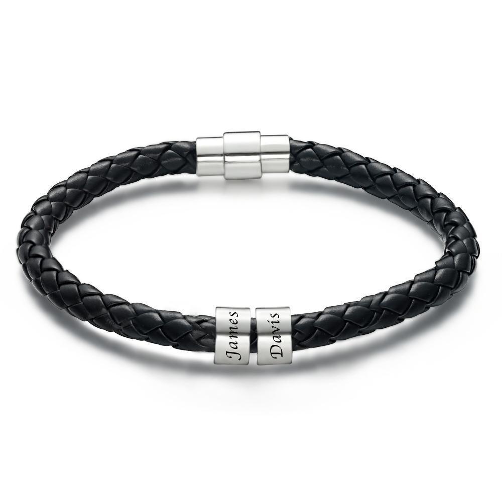 Personalisierte Benutzerdefinierte Gravierte Armband Schwarze Lederperlen Armband Kleine Benutzerdefinierte Perle Für Ihn 1-6 Charms