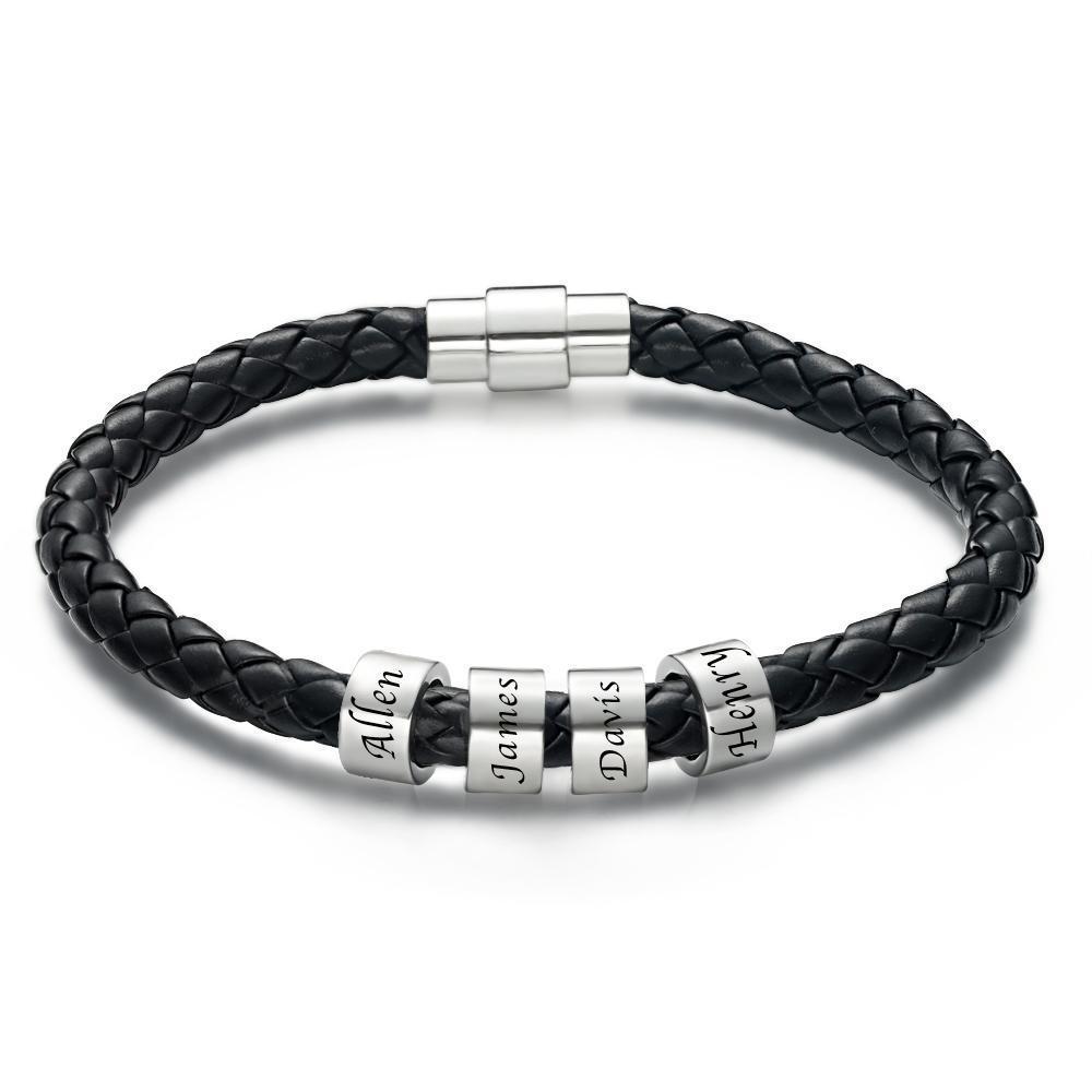 Personalisierte Benutzerdefinierte Gravierte Armband Schwarze Lederperlen Armband Kleine Benutzerdefinierte Perle Für Ihn 1-6 Charms