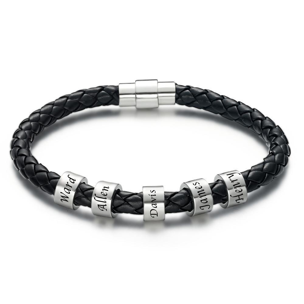 Personalisierte Benutzerdefinierte Gravierte Armband Schwarze Lederperlen Armband Kleine Benutzerdefinierte Perle Für Ihn 1-6 Charms