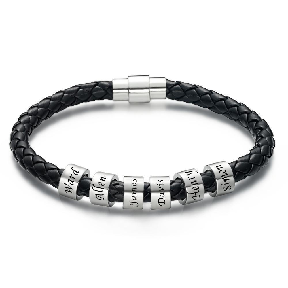 Personalisierte Benutzerdefinierte Gravierte Armband Schwarze Lederperlen Armband Kleine Benutzerdefinierte Perle Für Ihn 1-6 Charms