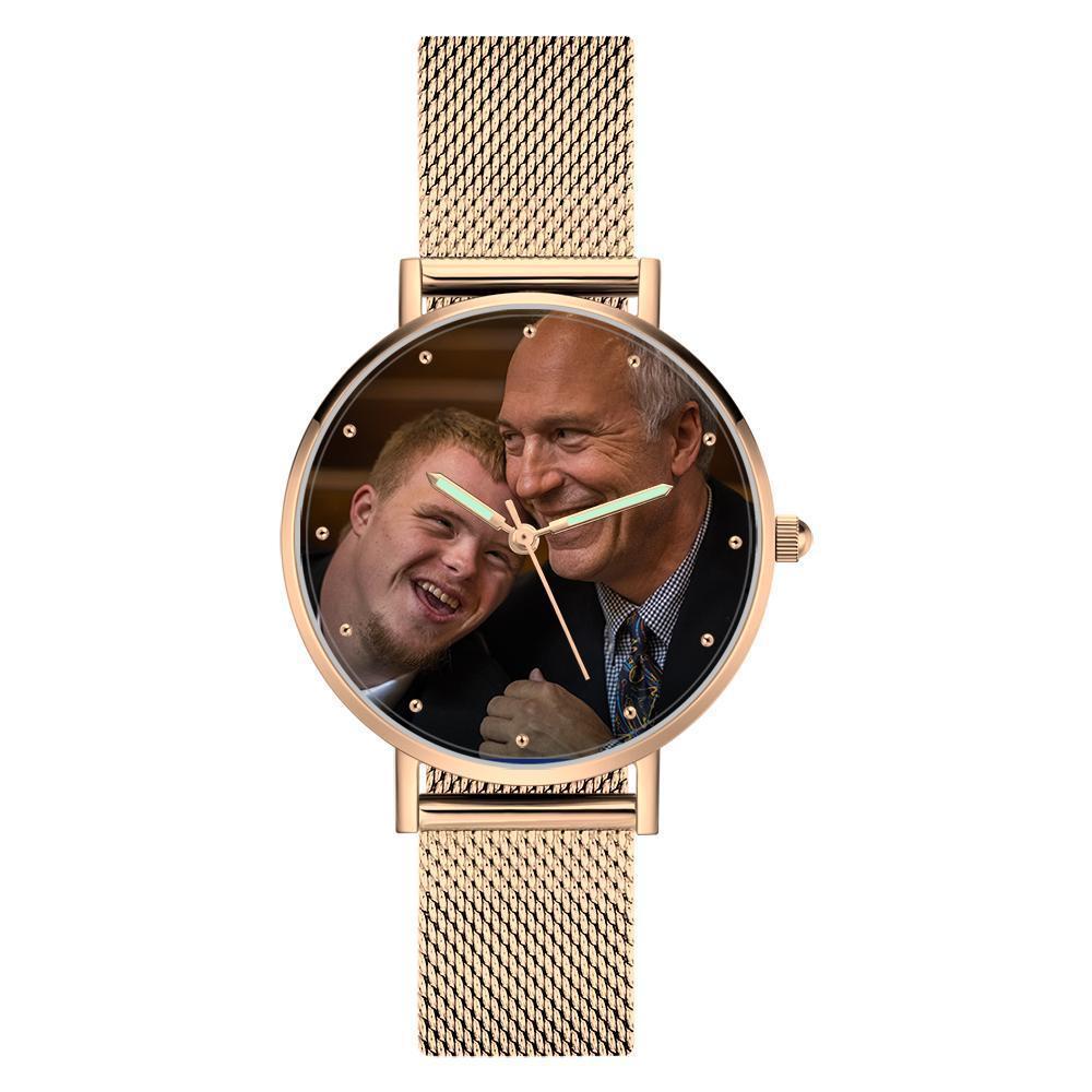 Geschenk Gravierte Foto Uhr mit Leuchtendem Zeiger Rose Gold Legierung Armband Foto Uhr 40mm