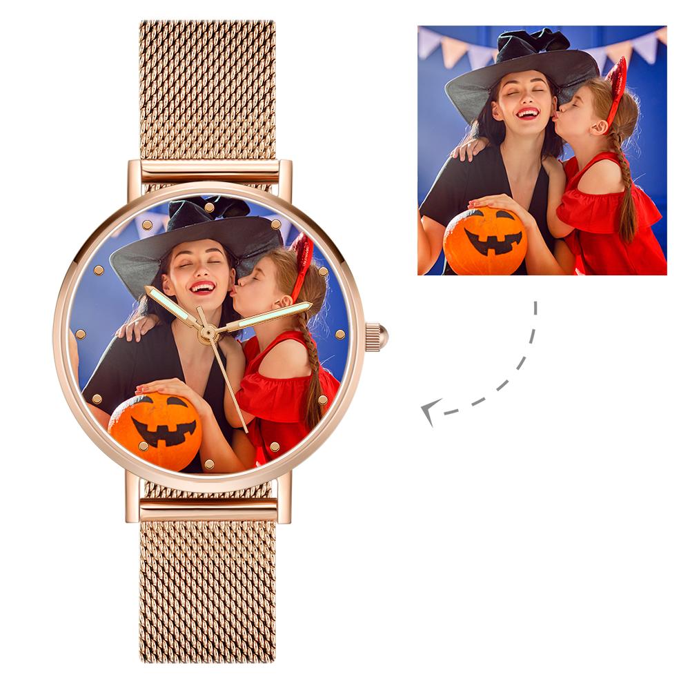 Geschenk Gravierte Foto Uhr mit Leuchtendem Zeiger Rose Gold Legierung Armband Foto Uhr 40mm
