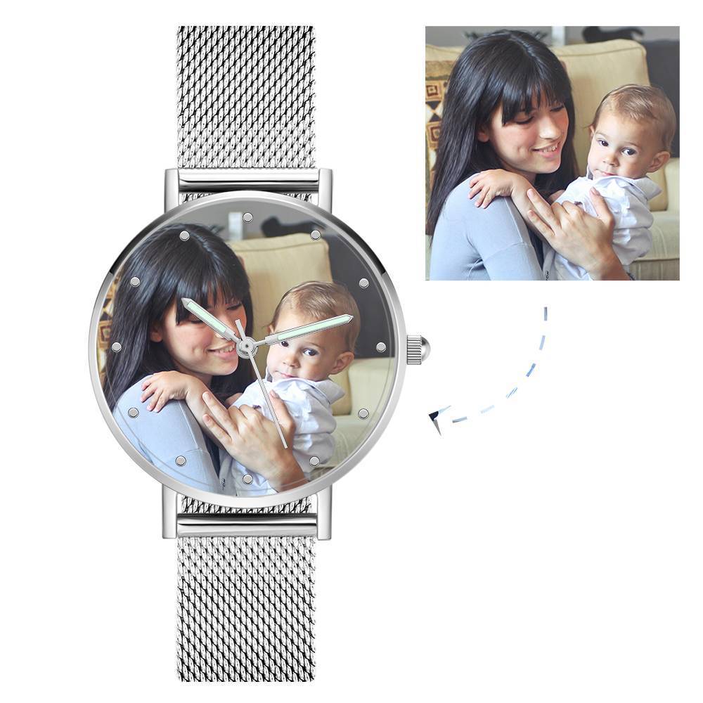 Gravierte Fotouhr mit Leuchtendem Zeiger Legierung Armband Foto Uhr 40mm - Unisex