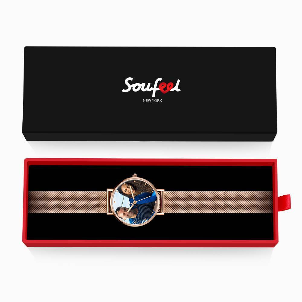 Gravierte Fotouhr mit Leuchtendem Zeiger Rose Gold Legierung Armband Foto Uhr 40mm - Unisex