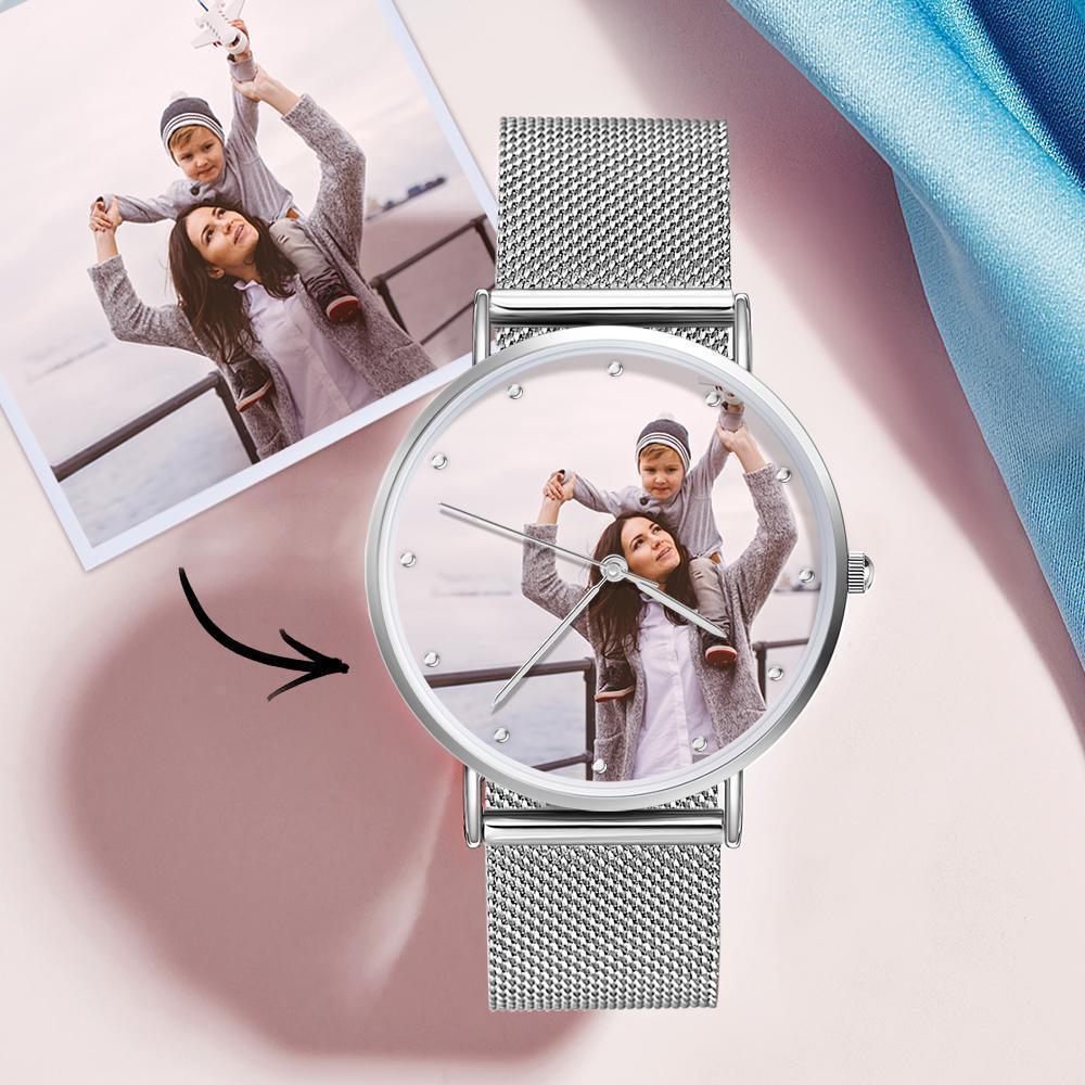Muttertag Geschenk - Gravierte Foto Uhr Legierung Armband Gurt Silber 36mm - Damen