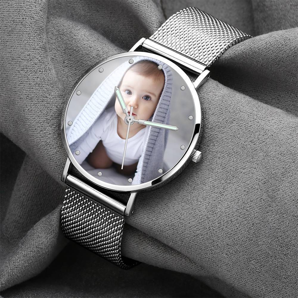 Gravierte Fotouhr mit Leuchtendem Zeiger Legierung Armband Foto Uhr 36mm - Frauen