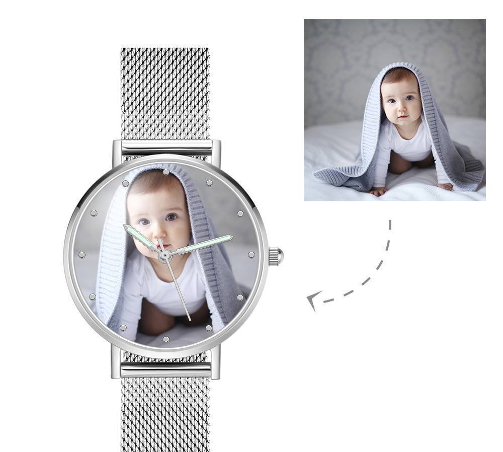 Gravierte Fotouhr mit Leuchtendem Zeiger Legierung Armband Foto Uhr 36mm - Frauen