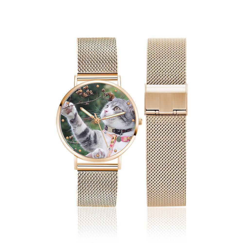 Gravierte Fotouhr mit Leuchtendem Zeiger Rose Gold Legierung Armband Foto Uhr 36mm - Frauen