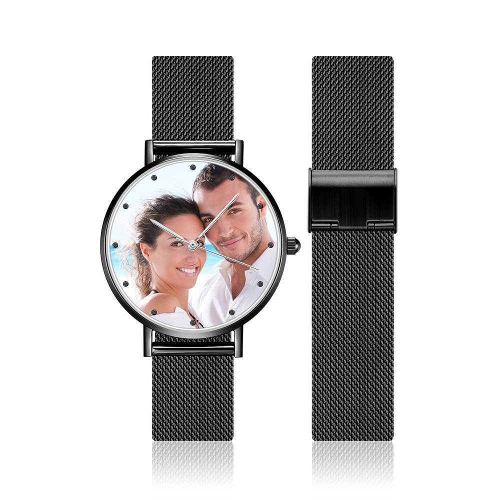 Gravierte Damen Schwarz Legierung Armband Foto Uhr 36mm