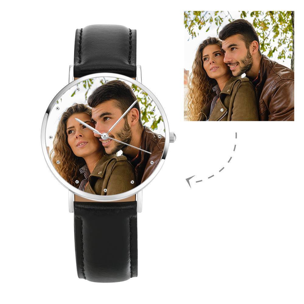 Muttertag Geschenk - Unisex Gravierte Fotouhr Schwarzes Leder Gurt 40mm