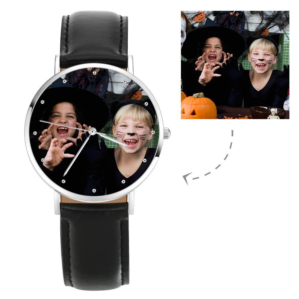 Muttertag Geschenk - Unisex Gravierte Fotouhr Schwarzes Leder Gurt 40mm