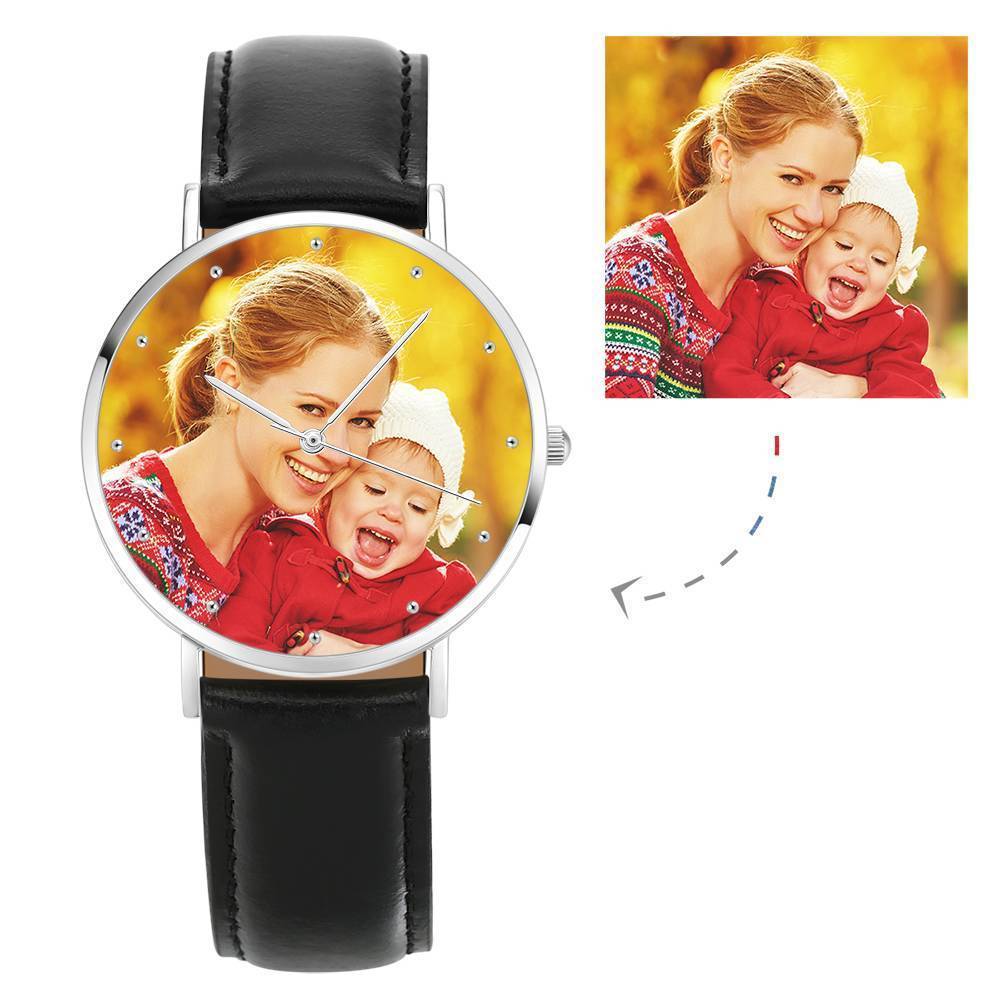 Muttertag Geschenk - Unisex Gravierte Fotouhr Schwarzes Leder Gurt 40mm