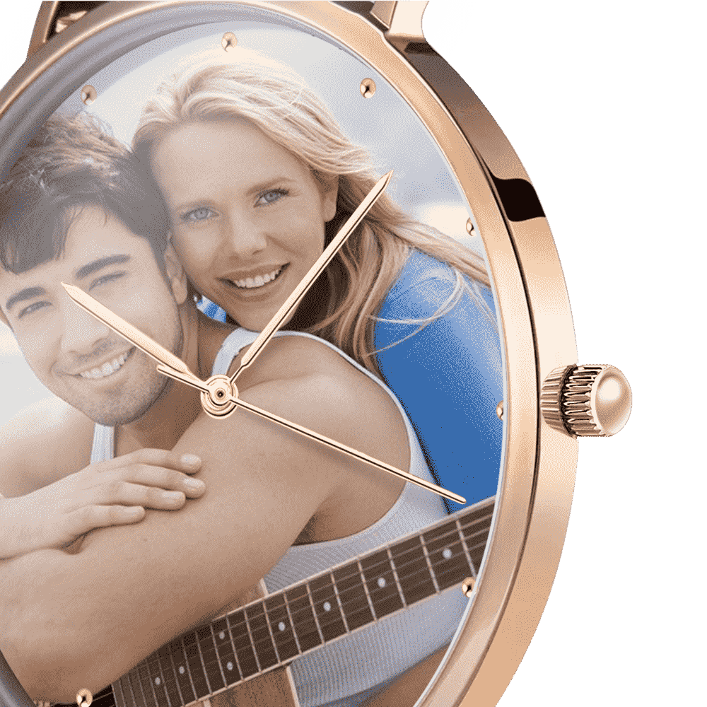 Gravierbares Unisex Rosa Gold Foto Uhr Schwarzes Lederarmband 40mm