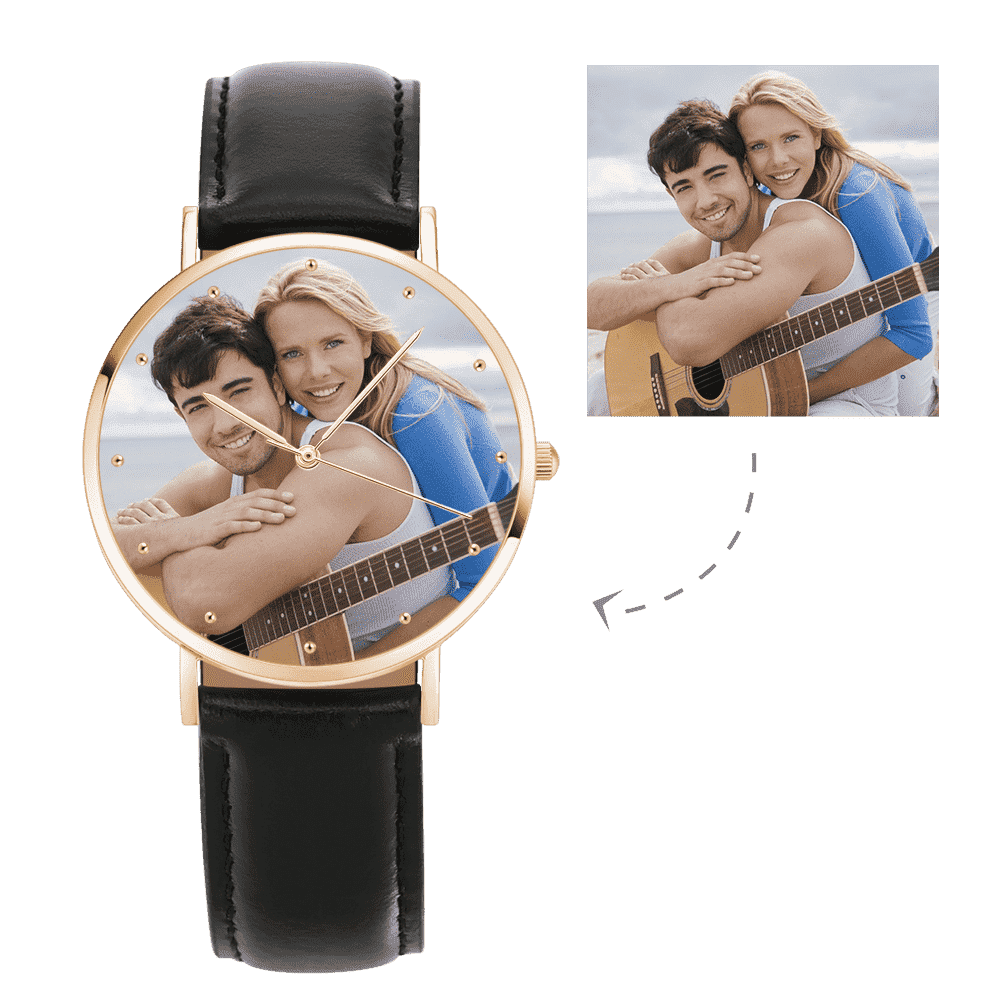 Gravierbares Unisex Rosa Gold Foto Uhr Schwarzes Lederarmband 40mm
