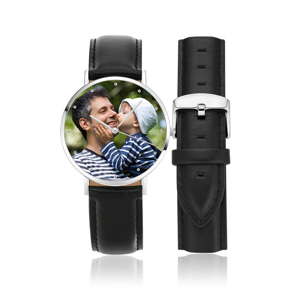 Vatertags Geschenke Vaters Geburtstagsgeschenk - Personalisierte Gravierte Uhr, Foto Uhr mit Schwarzem Lederband 40mm