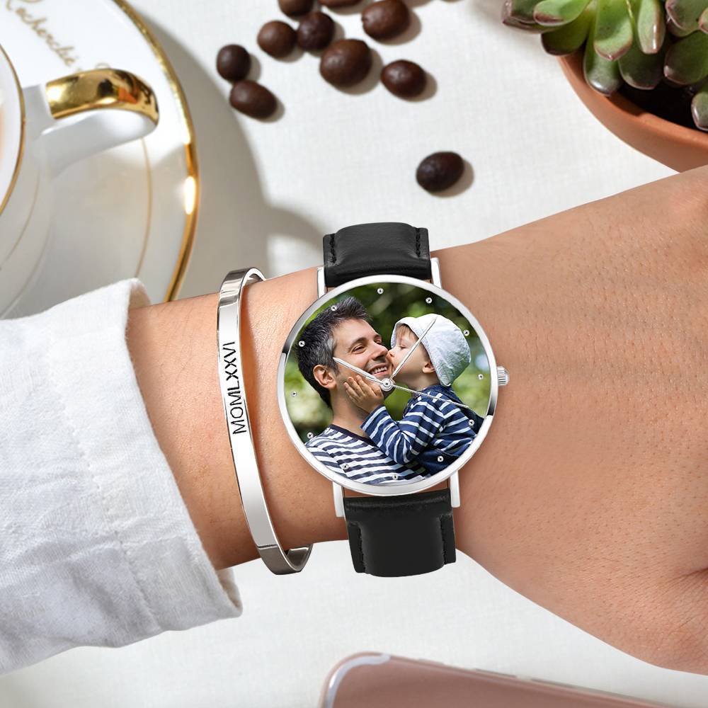 Vatertags Geschenke Vaters Geburtstagsgeschenk - Personalisierte Gravierte Uhr, Foto Uhr mit Schwarzem Lederband 40mm