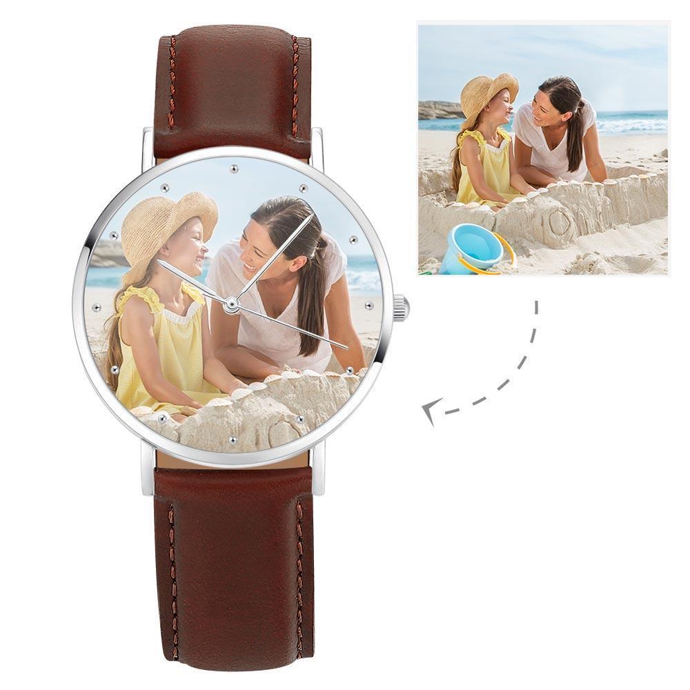 Gravierbares Unisex Foto Uhr Braun Lederarmband 40mm