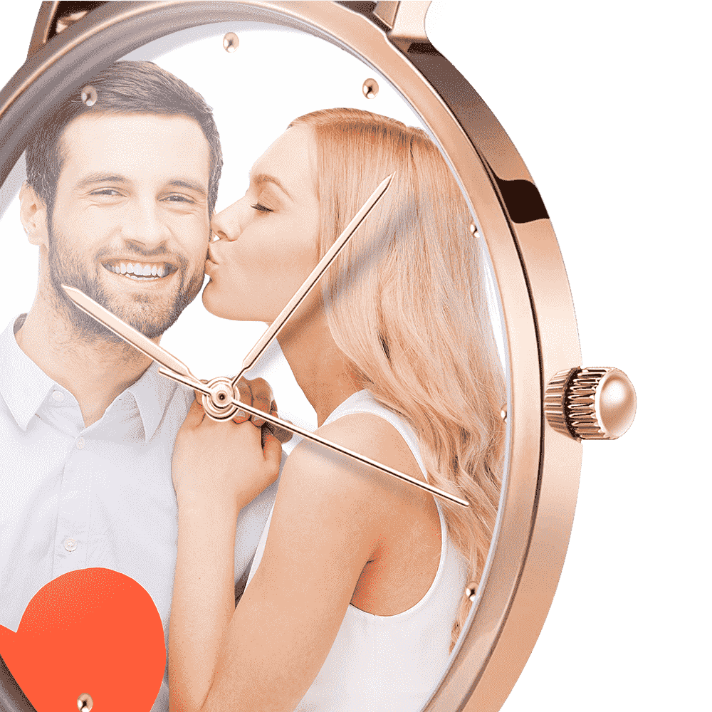 Gravierbares Damen Rosa Gold Foto Uhr Rot Lederarmband 40mm