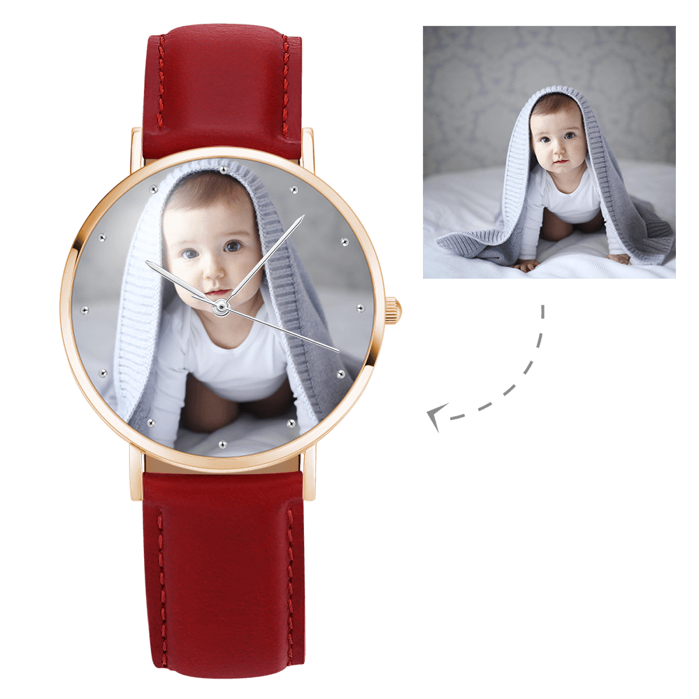 Gravierbares Damen Rosa Gold Foto Uhr Rot Lederarmband 40mm