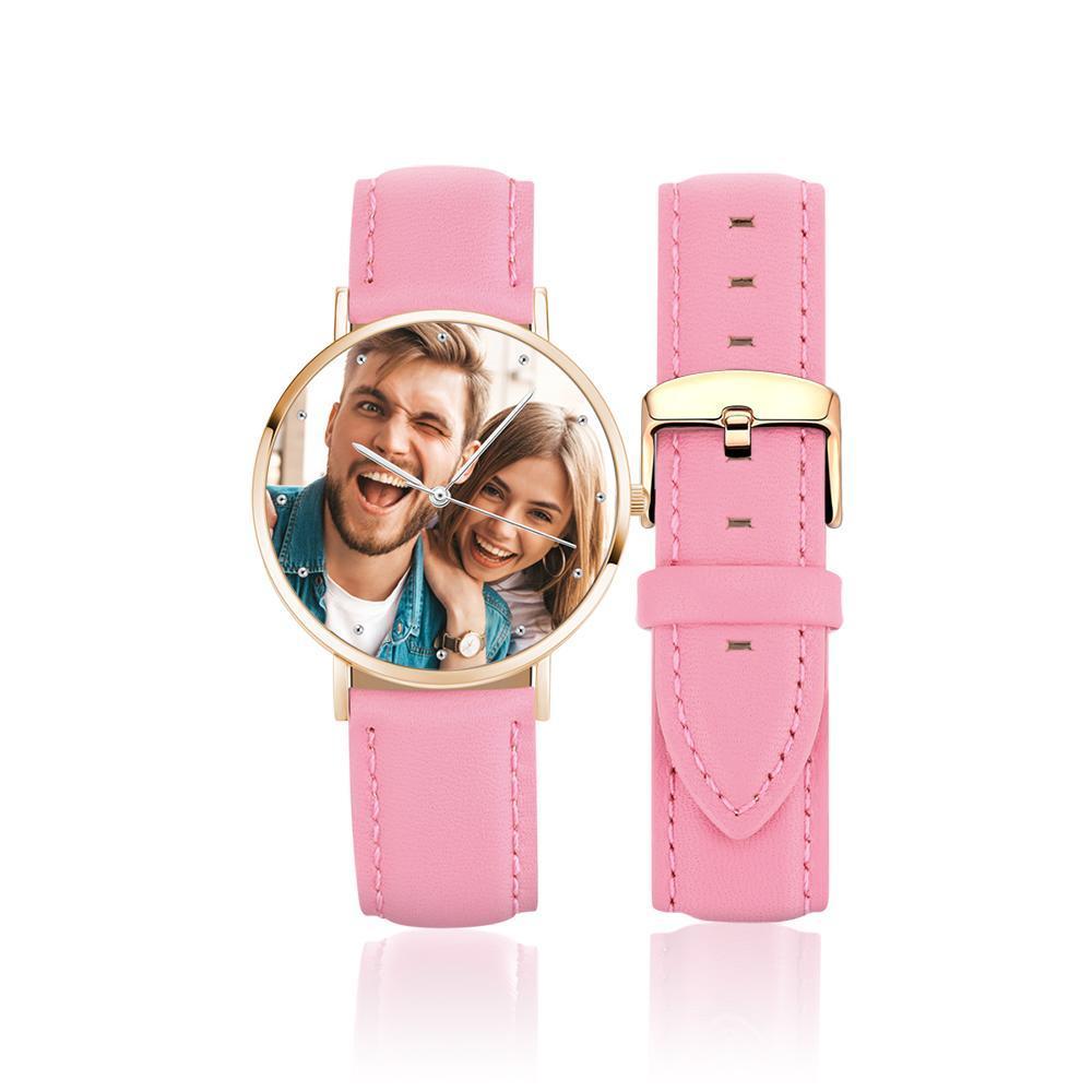 Gravierbares Damen Rosa Gold Foto Uhr Pink Lederarmband 36mm