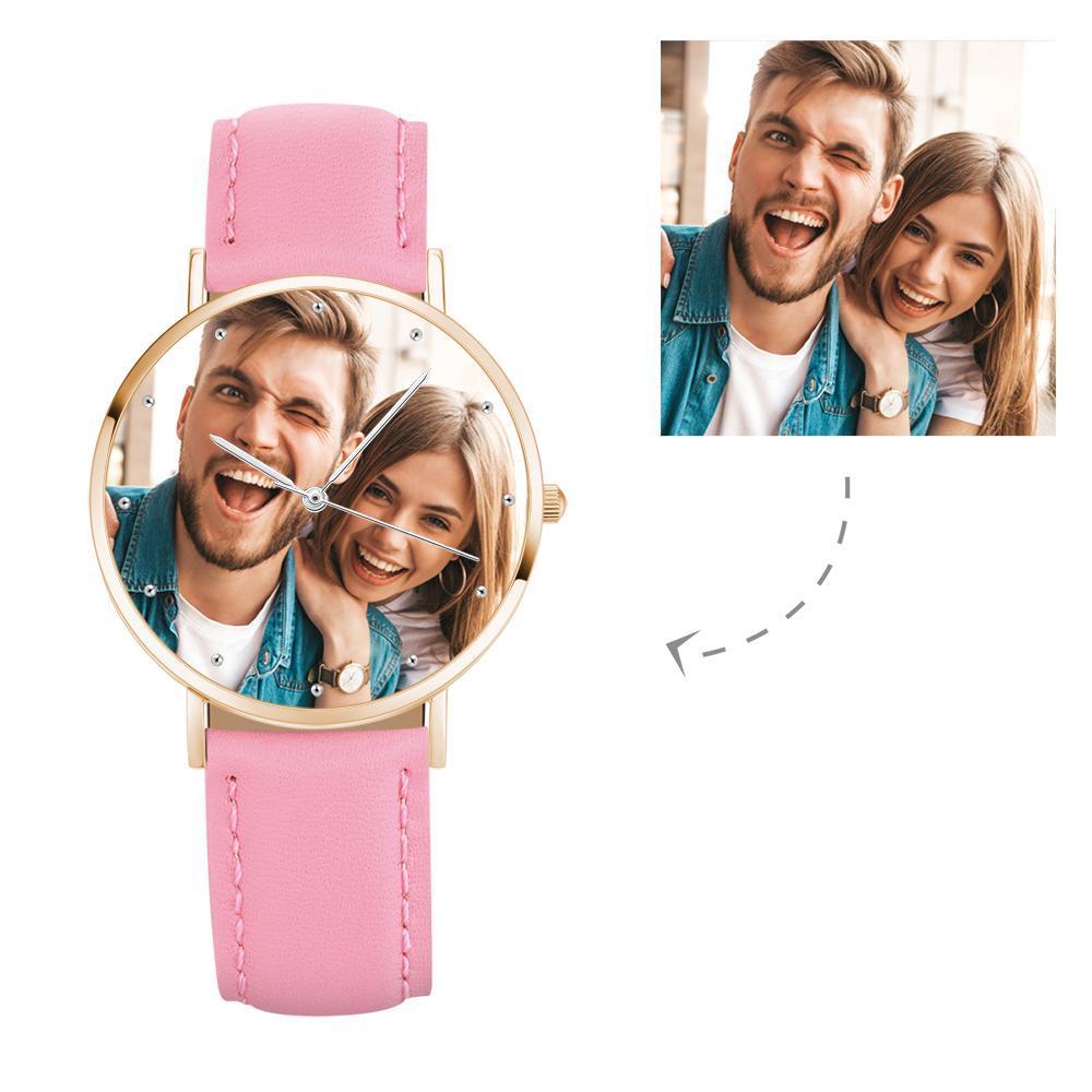 Gravierbares Damen Rosa Gold Foto Uhr Pink Lederarmband 36mm