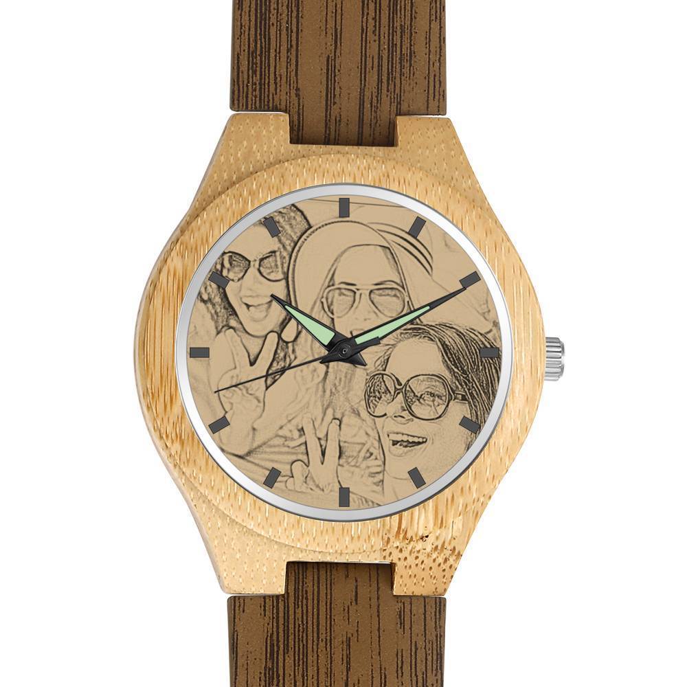 Damen Gravierte Bambus Foto Uhr Holzfarbe Lederband 40mm